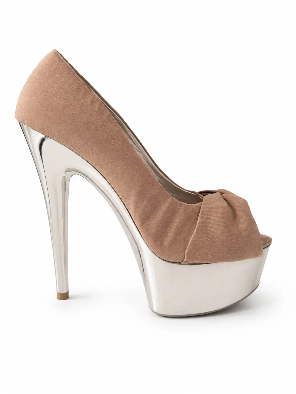 Steve Madden Taupe Knot Peep-Toe Platform Heels with Silver Metallic Platform - Picture 4 of 5